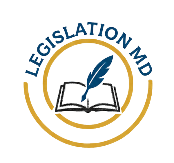 The Legislation MD logo shows two golden circles with the wording 'Legislation MD' on the outer circle. A book with a quill pen is inside the inner circle