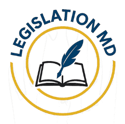 The Legislation MD Logo featuring a quill pen writing in an open book. There are inside two gold circles with the words "Legislation MD" written on the outer ring